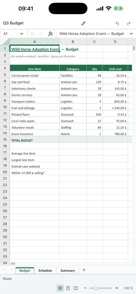 SumSheet on iPhone — the sample workbook open by name, grid, formula bar and sheet tabs