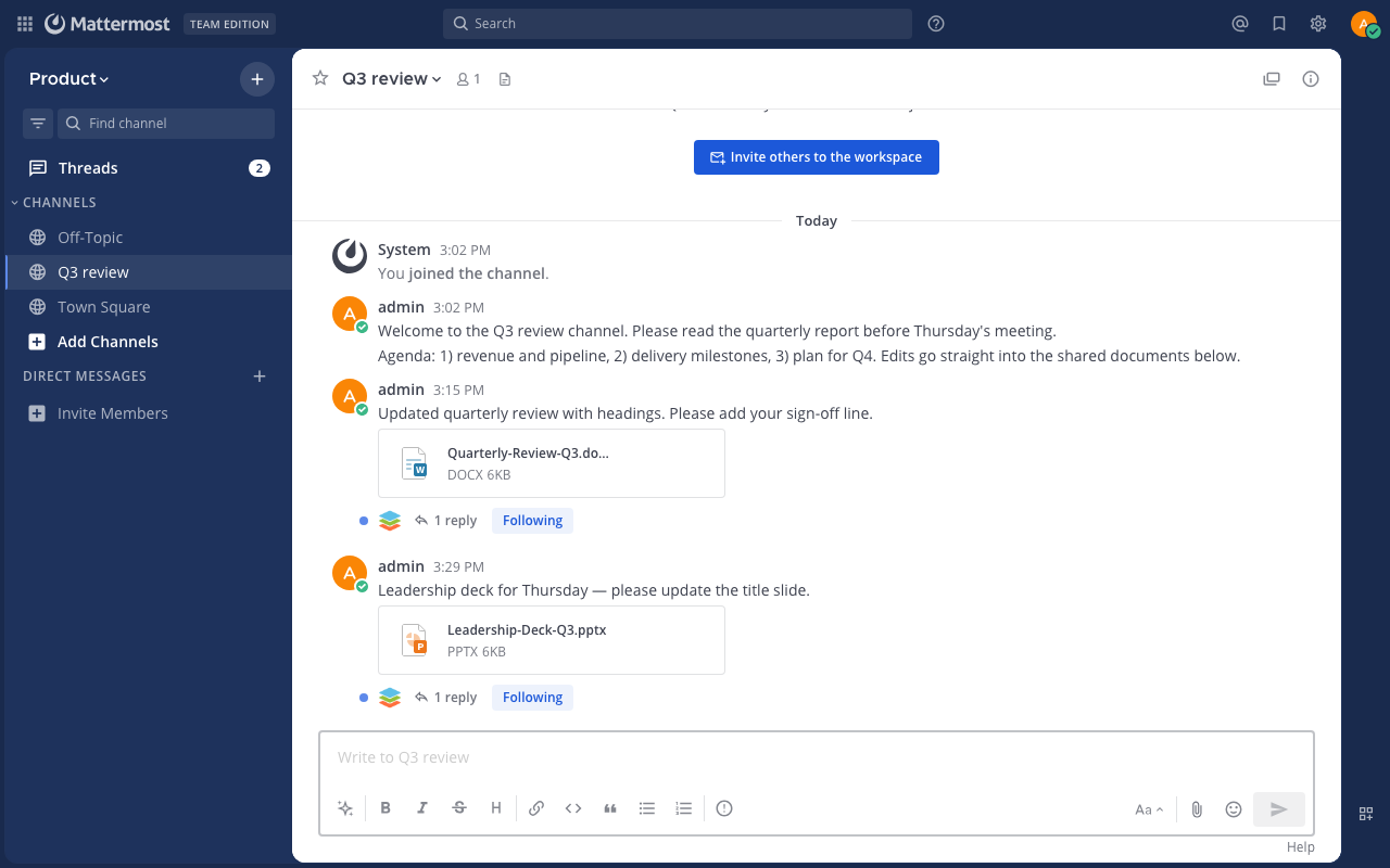 A Mattermost channel with a DOCX and a PPTX attachment, each with the plugin's save reply