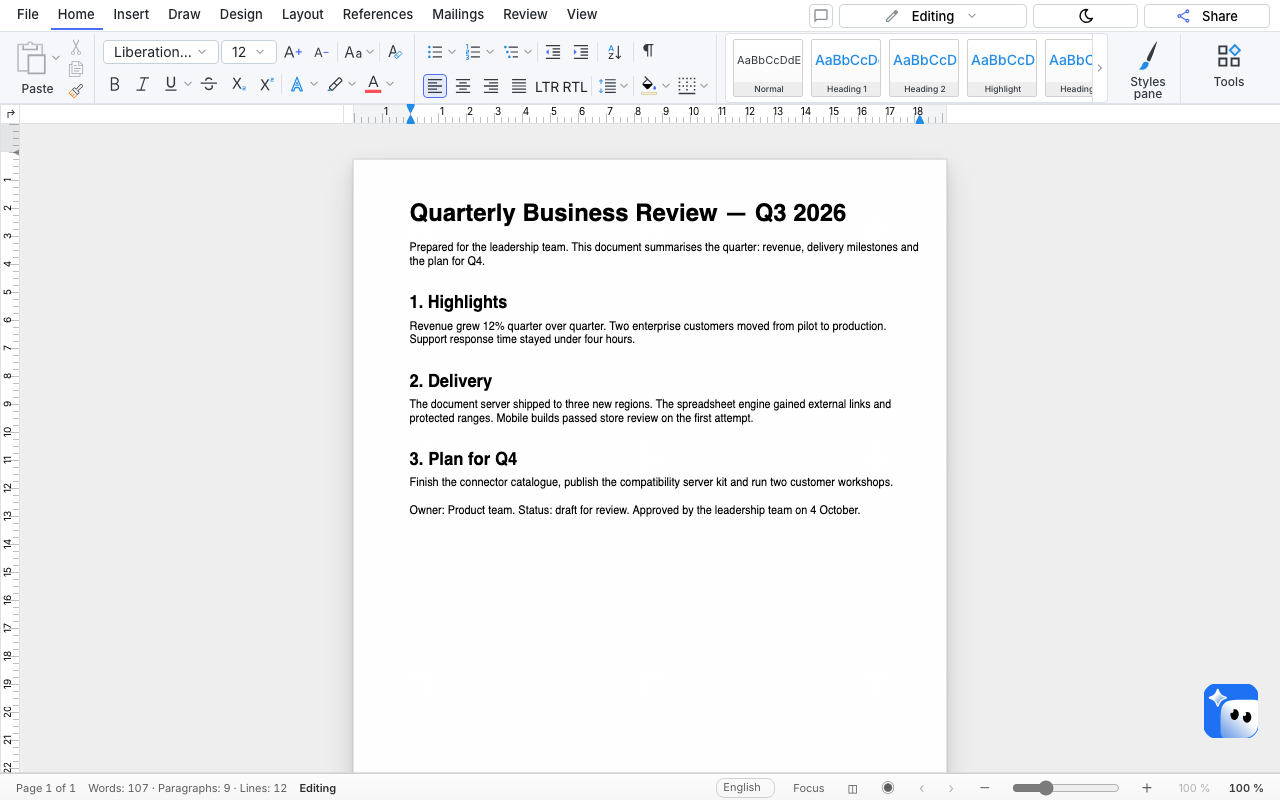 The DOCX attachment open in SumDoc inside Mattermost, with the added sign-off line
