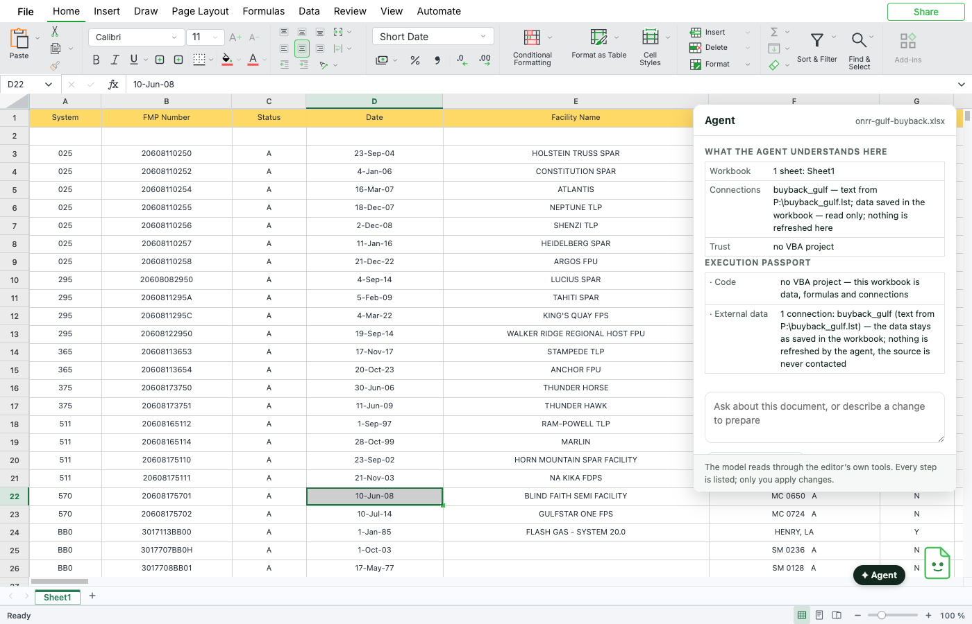 SumSheet cabin with the ONRR workbook; Execution passport: Code — no VBA project; External data — 1 connection buyback_gulf, text from P:\buyback_gulf.lst, data stays as saved, source never contacted