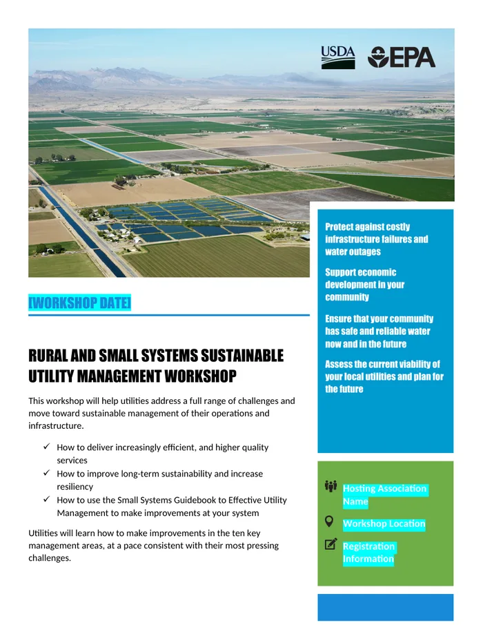 Promotional brochure template — aerial photo of irrigated fields with colour sidebars and placeholder fields