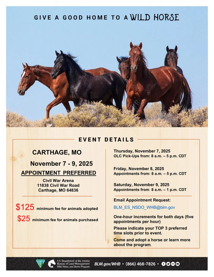 Event flyer — Give a Good Home to a Wild Horse: wild horses in sagebrush, event details below